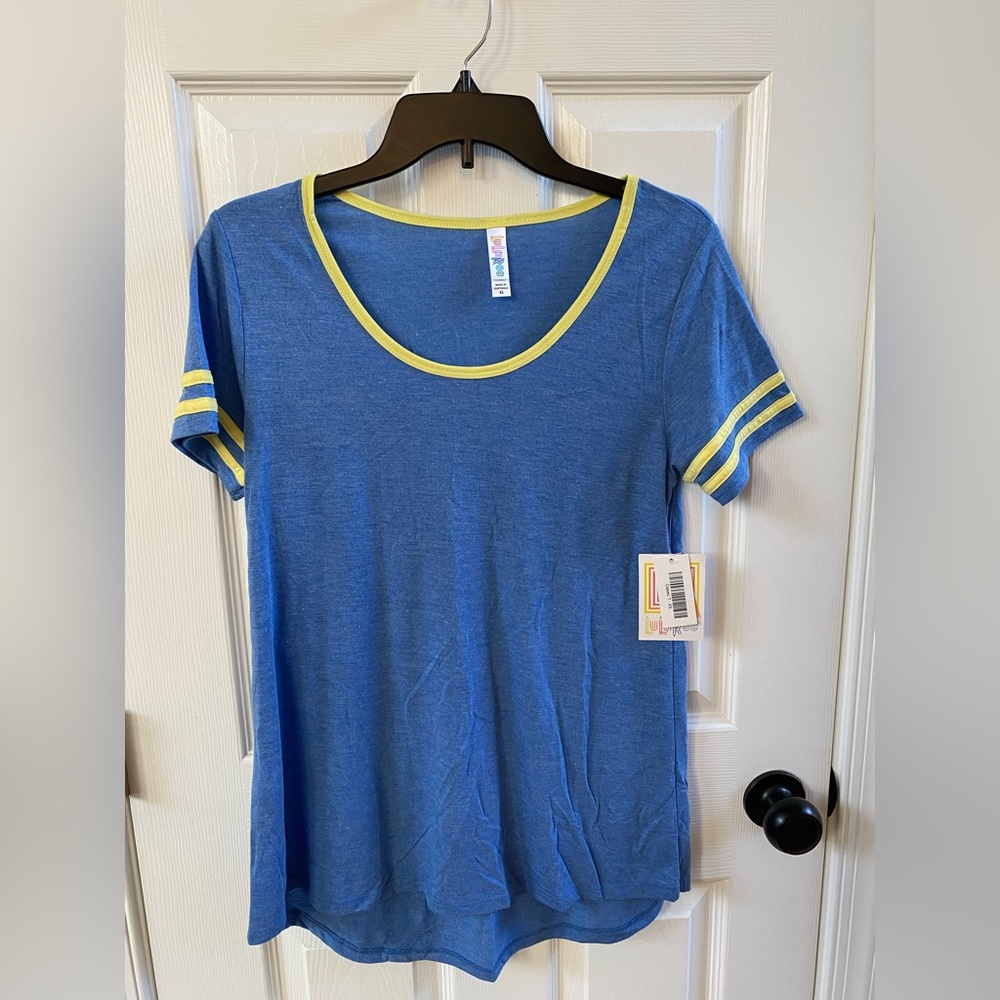 Lularoe Classic Tee size xtra small. Blue with yellow stripe.